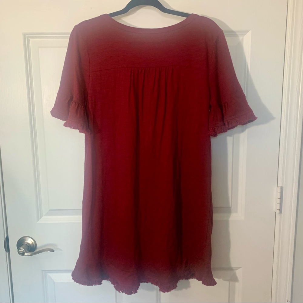 NWT Umgee Burgundy Cotton Swing Dress Raw Hem Ruffle Sleeve Pockets M Medium - Picture 6 of 8